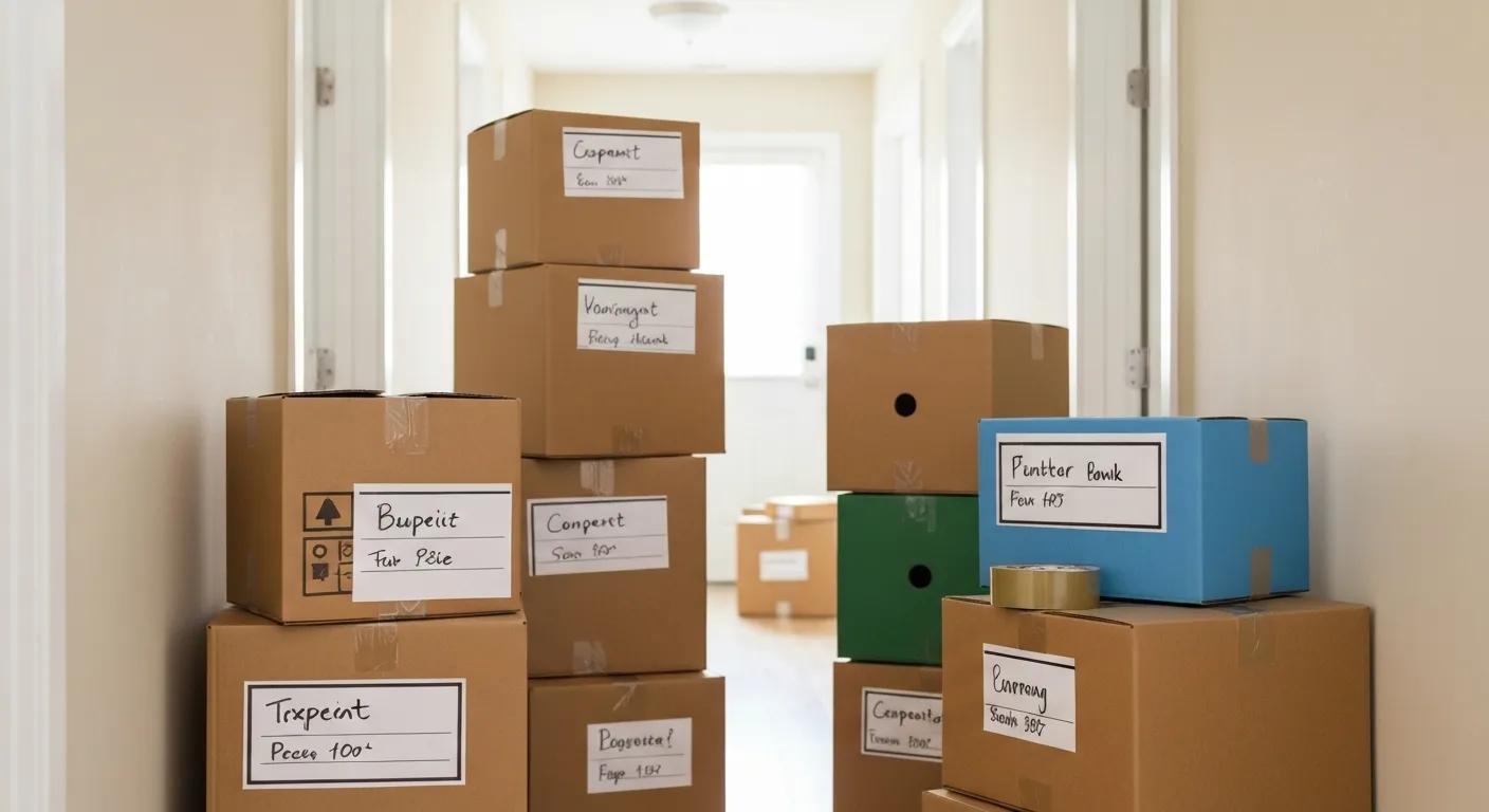 Neatly stacked and clearly labeled moving boxes arranged in a hallway, showcasing effective packing strategies
