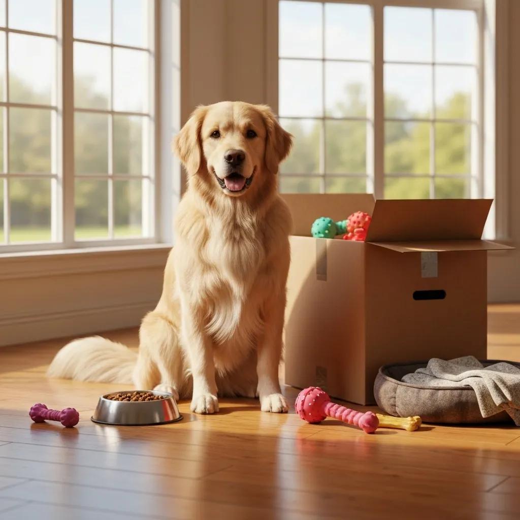 A calm dog sitting attentively next to a moving box filled with pet essentials, symbolizing a stress-free move for pets