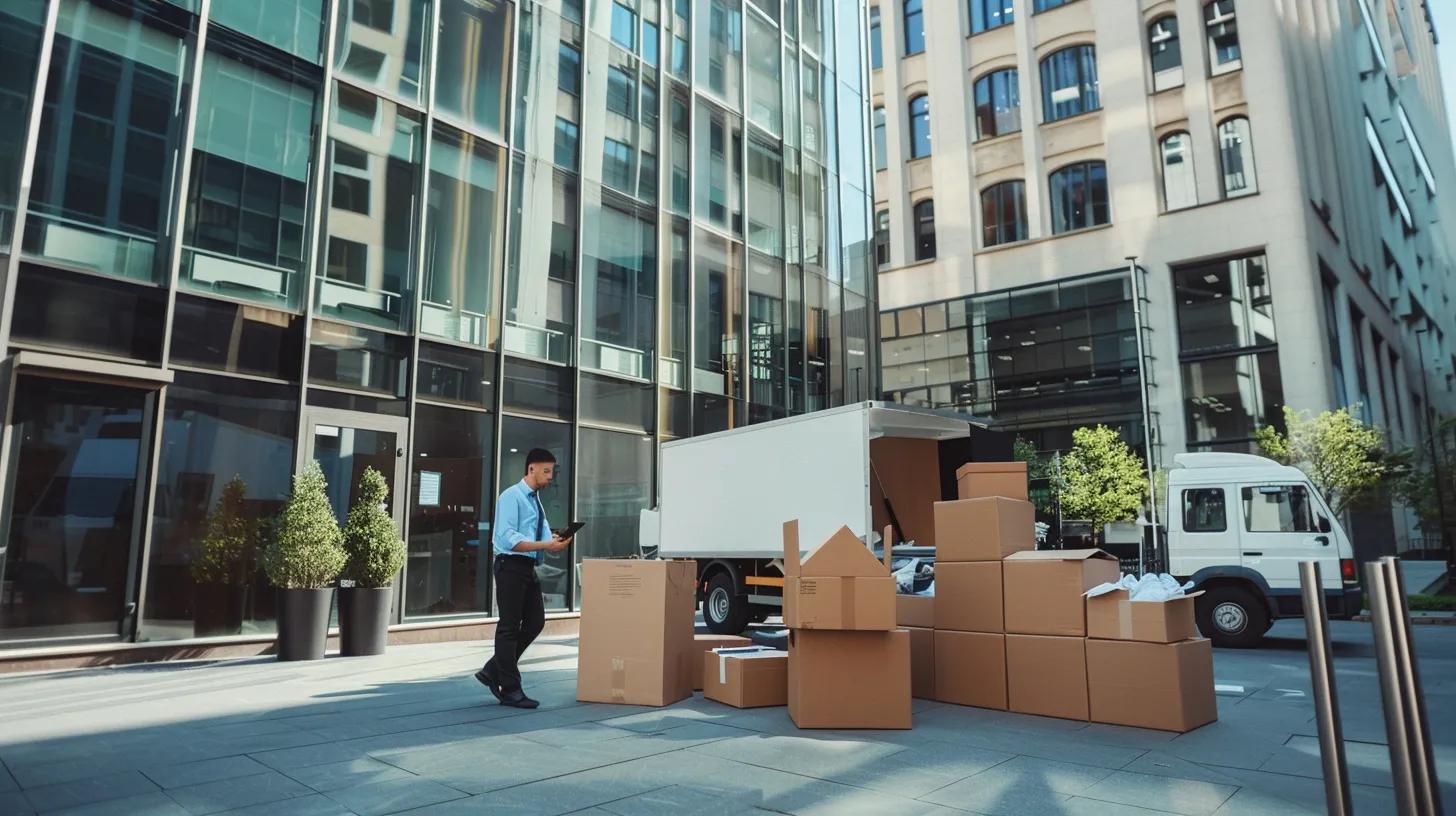A modern office relocation scene showing uniformed professional movers carefully packing office items. Include labeled boxes, desks, computers, ergonomic chairs, and documents being organized. A team leader holds a clipboard or tablet, coordinating the process. In the background, a sleek moving truck is parked outside a glass building. The atmosphere is calm, efficient, and well-organized, suggesting professionalism and speed.