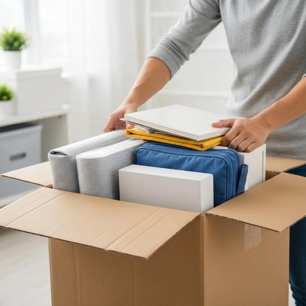 Person packing a moving box using smart packing strategies to maximize space and protect items