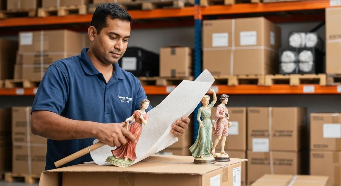 Professional mover carefully packing delicate items, highlighting Alma Moving's thorough packing services for long distance relocations