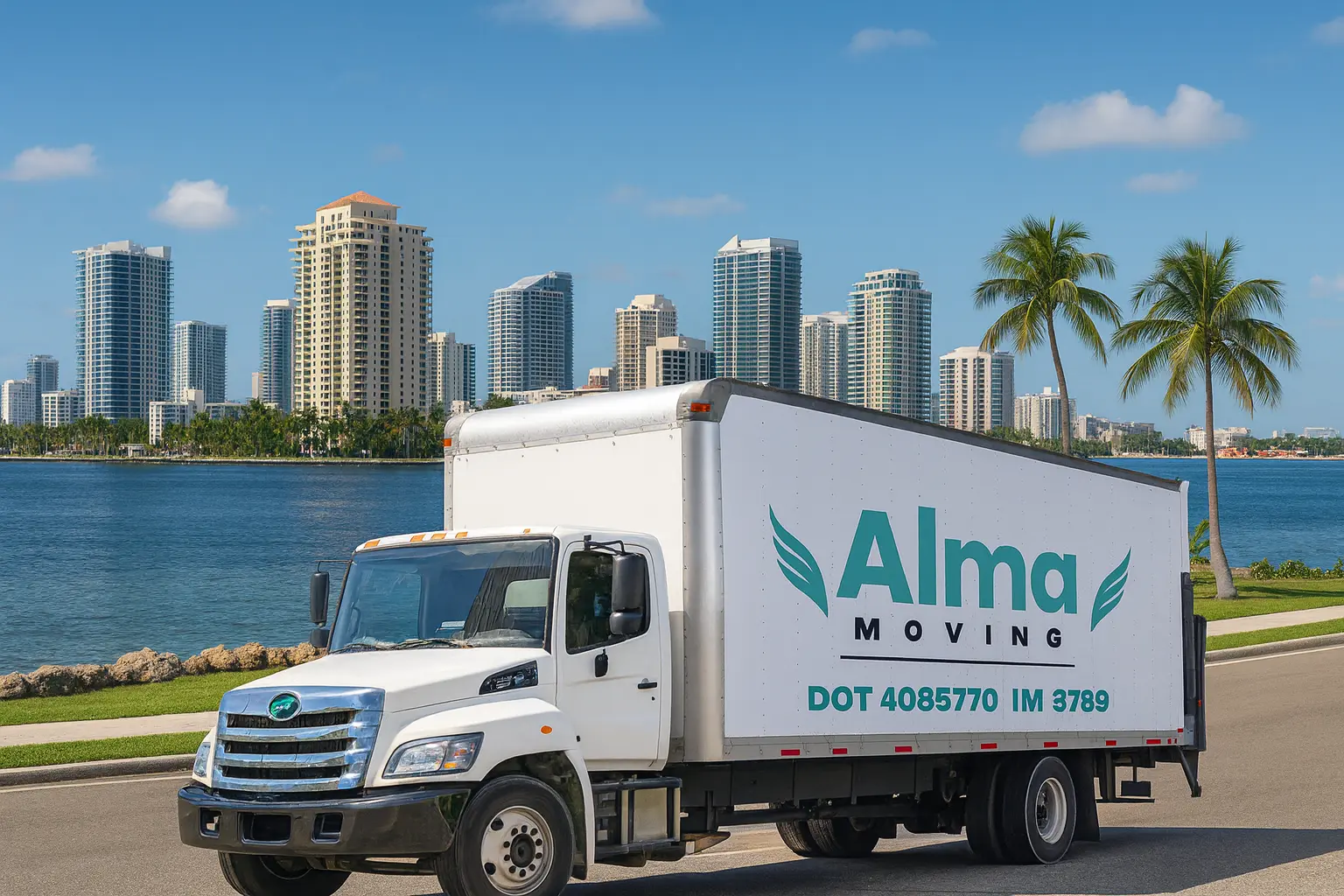 Alma Moving truck with company logo and DOT number driving along the Fort Lauderdale waterfront with modern skyline and palm trees in the background.