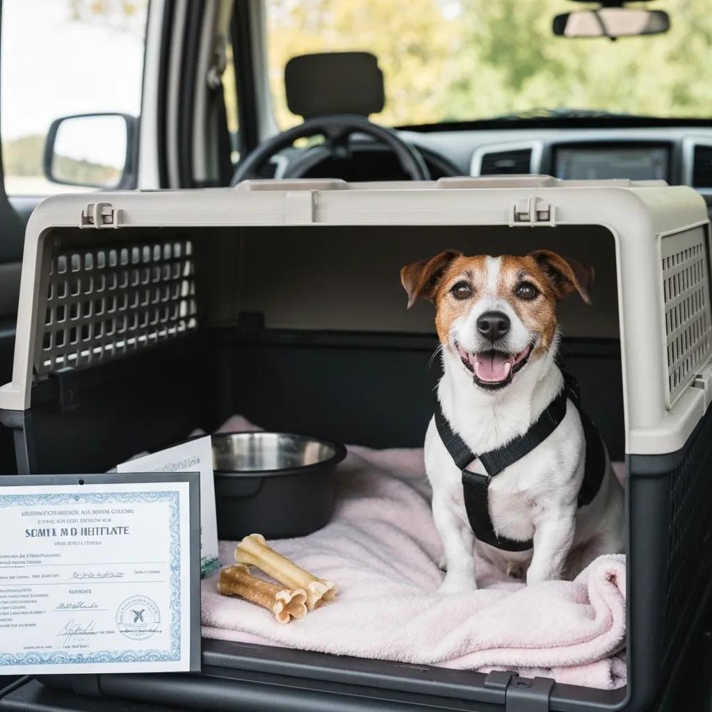 A dog securely in a travel crate, accompanied by a health certificate and pet relocation supplies