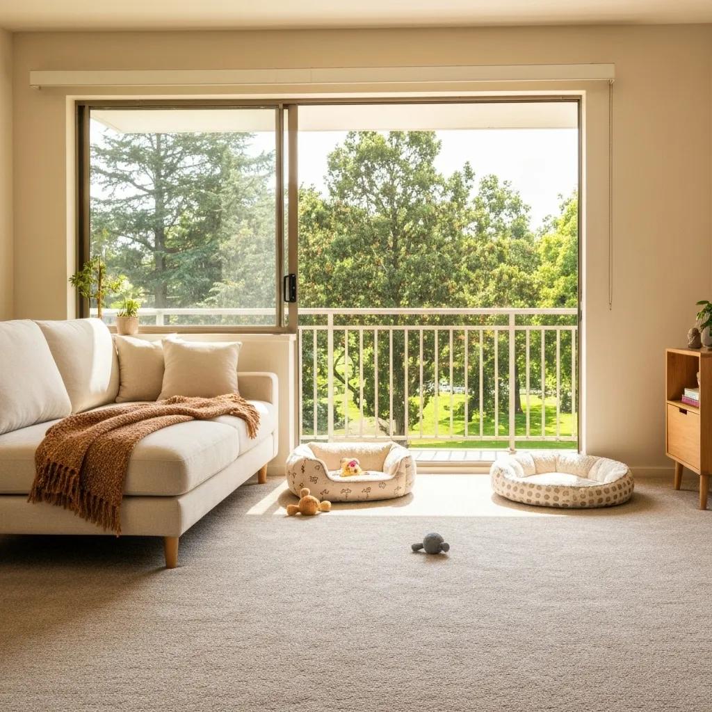 A welcoming pet-friendly apartment with a comfortable dog bed and a view of a nearby park