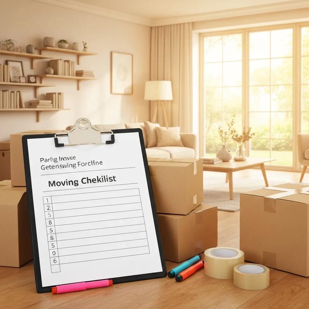 An organized moving checklist with packing supplies in a cozy home setting